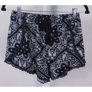Paisley Print Shorts Womens S Black White Elastic Waist Pom Pom Trim